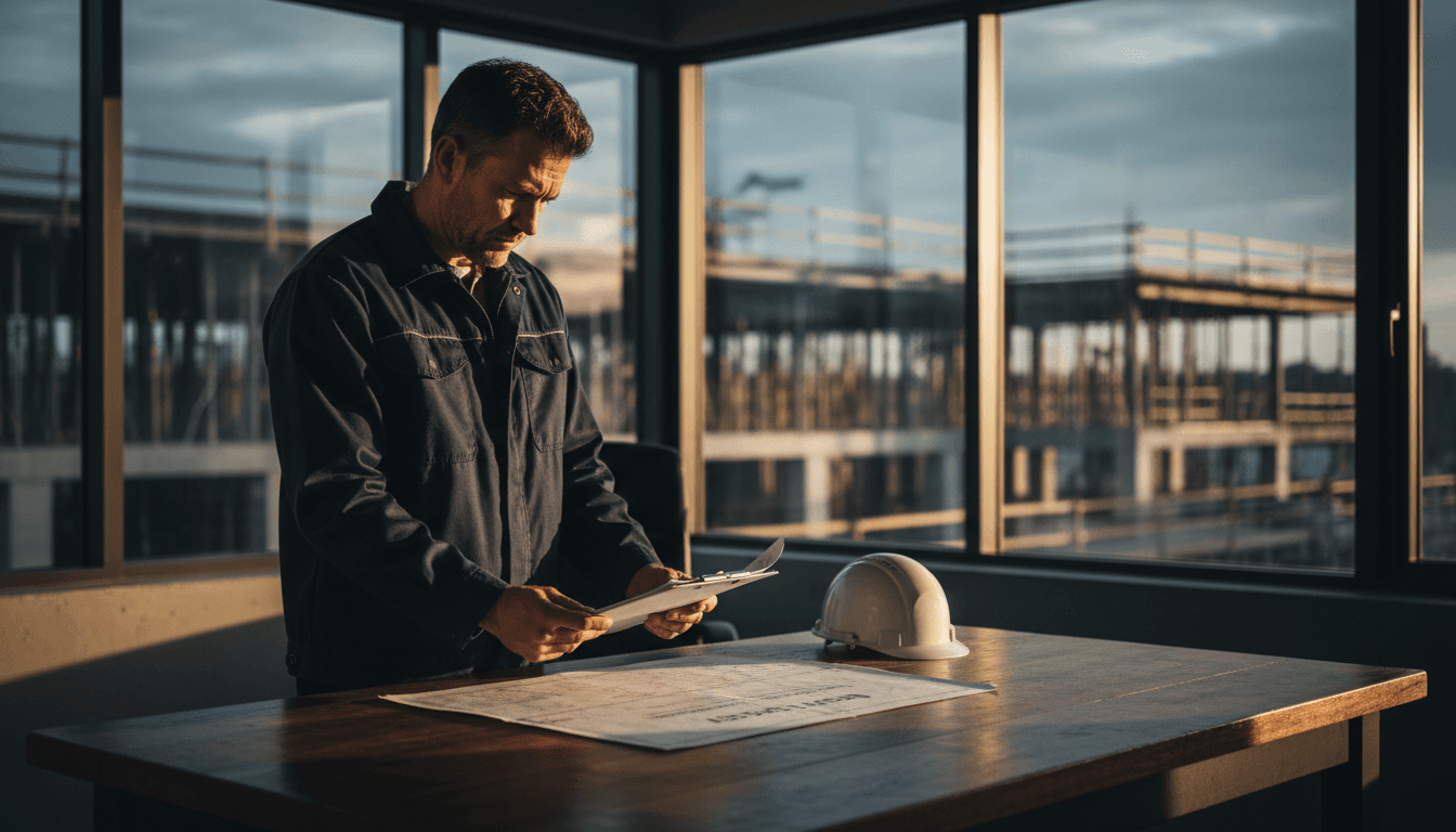 Construction business owner reviewing workers' compensation coverage documents
