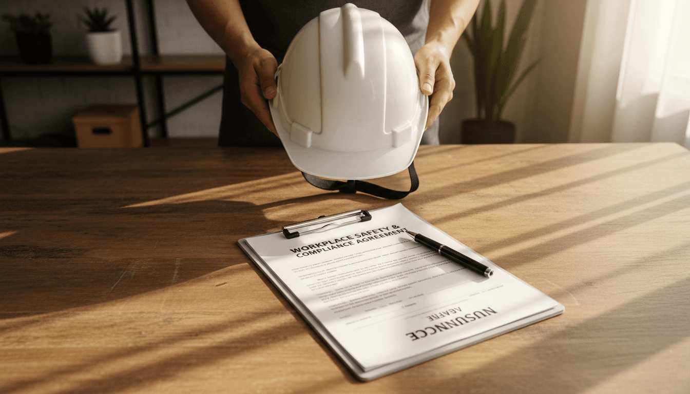 Hard hat and workers' compensation insurance documents on desk