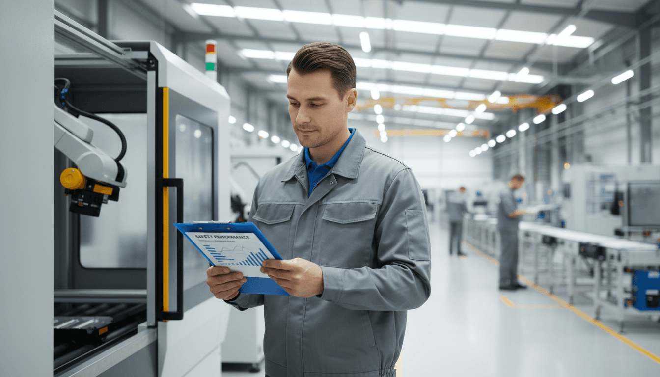 Manufacturing supervisor reviewing safety and experience ratings