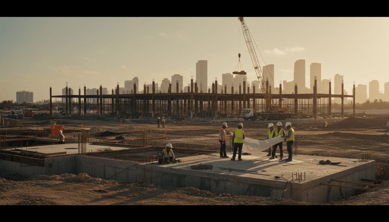 Construction site with workers in hard hats during active building project