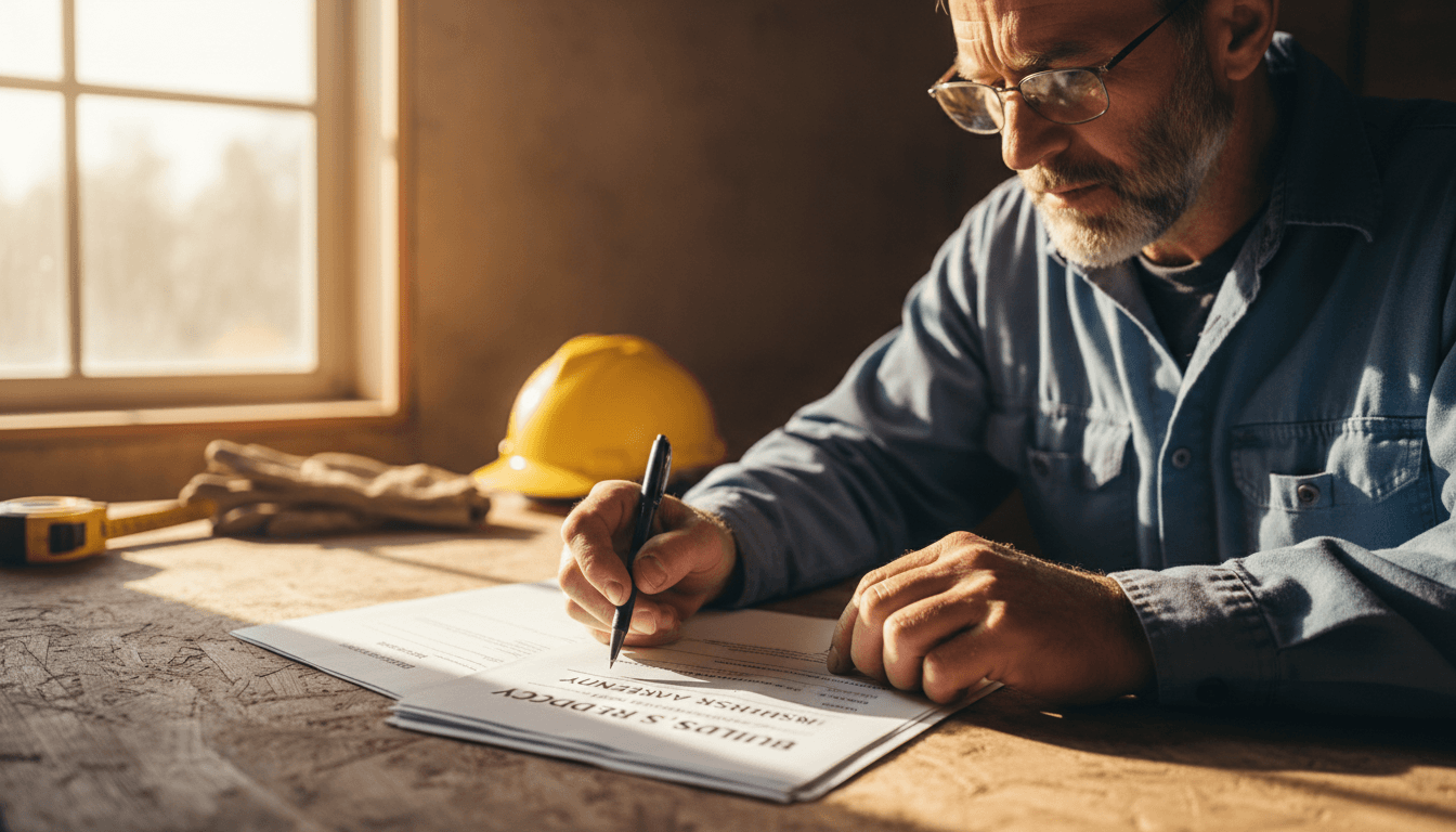 Construction worker reviewing workers compensation coverage documents
