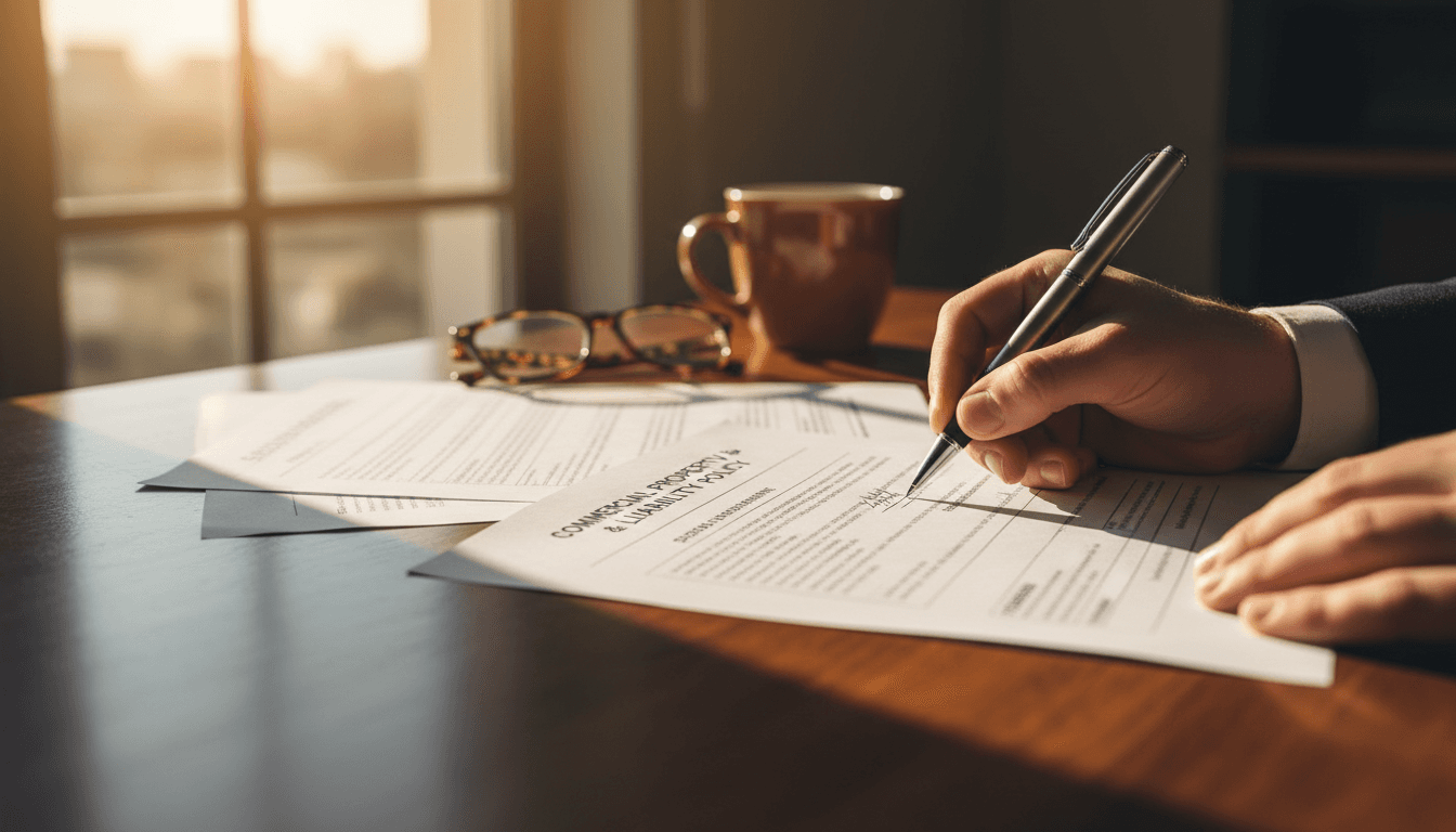 Business owner signing insurance documents at wooden desk