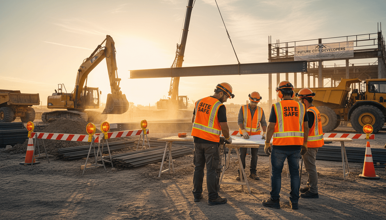 Construction crew working safely on job site with professional protective equipment