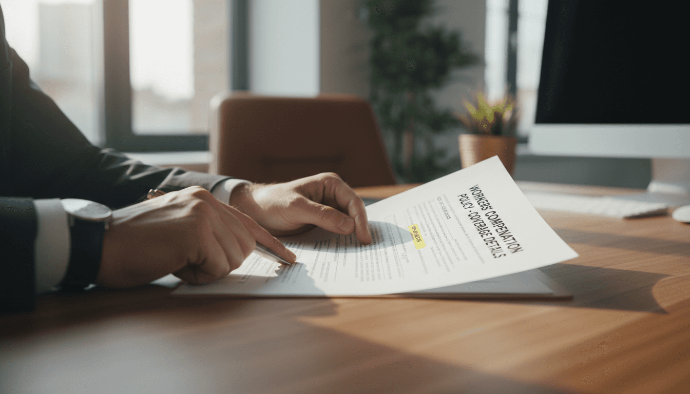 Insurance agent reviewing workers' compensation policy details with client