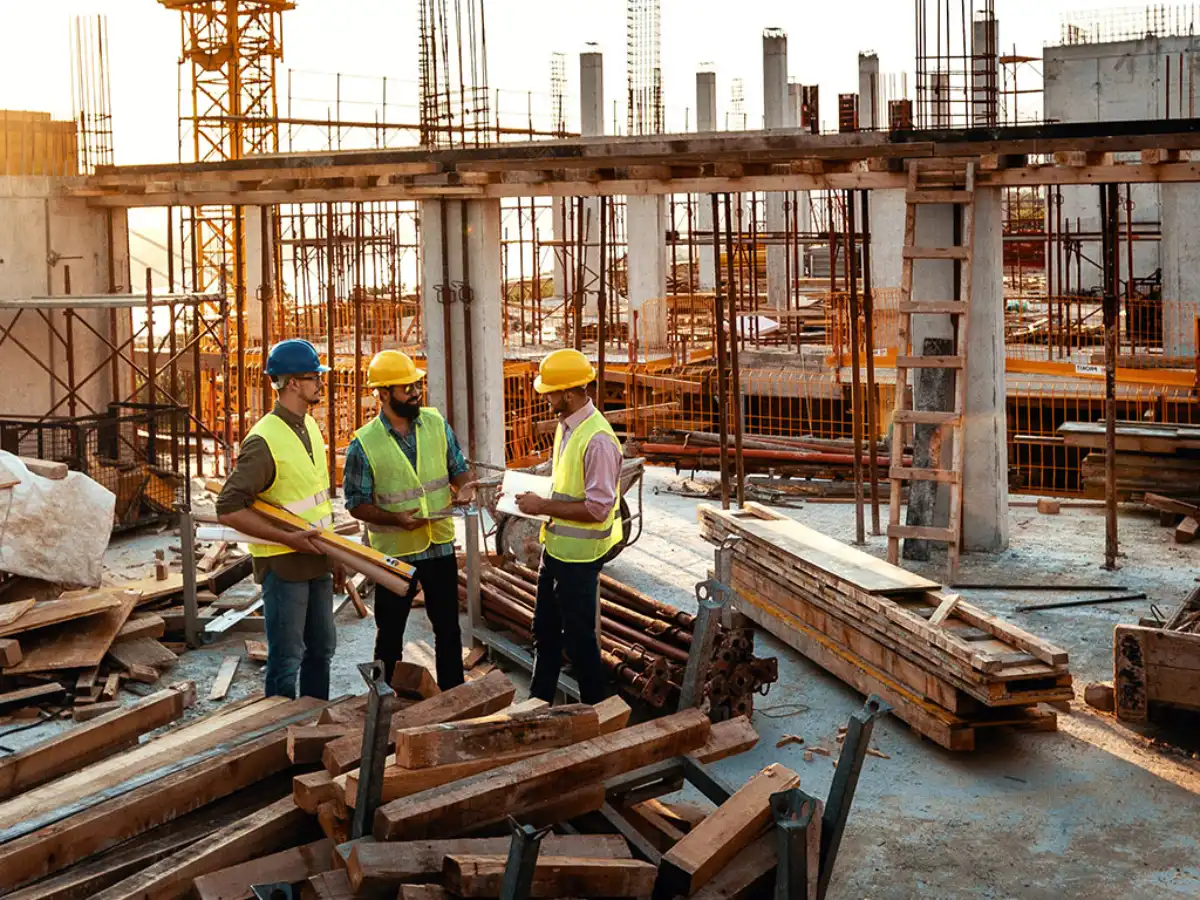 Three construction workers in safety gear discuss building plans at an active construction site.